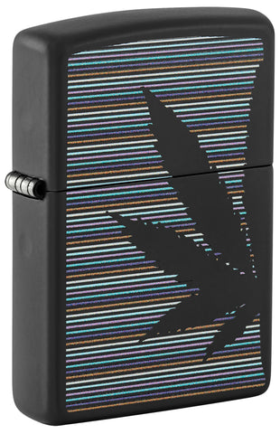 Front view of ˫ Cannabis Design Black Matte Windproof Lighter standing at a 3/4 angle.